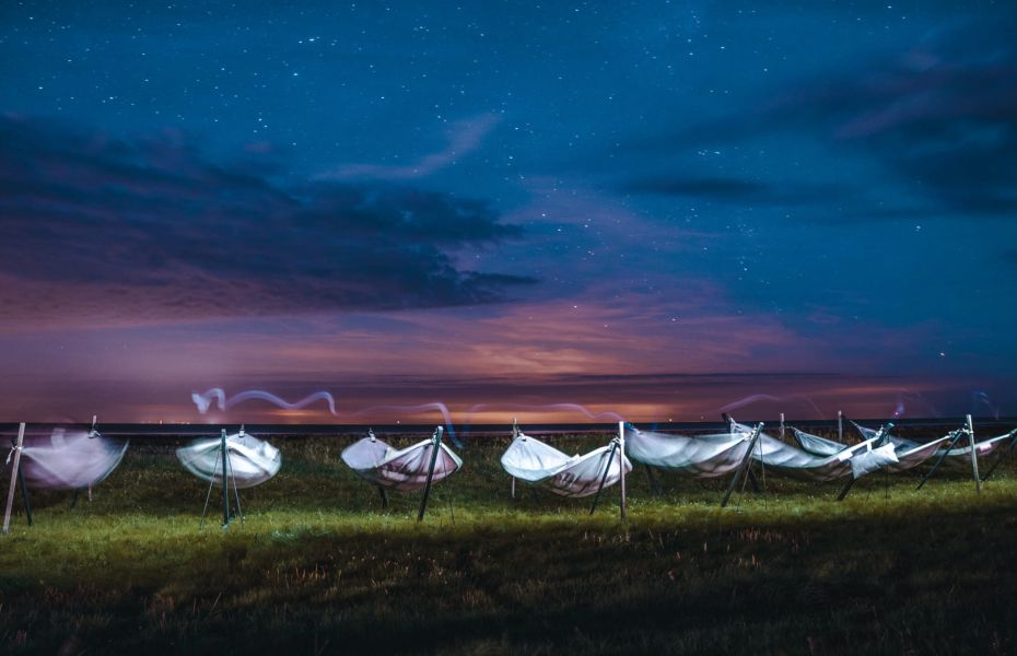 Dark sky photo of hammocks on the Wadden side of Terschelling