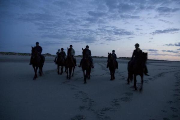 Paardrijden in avondlicht op het strand